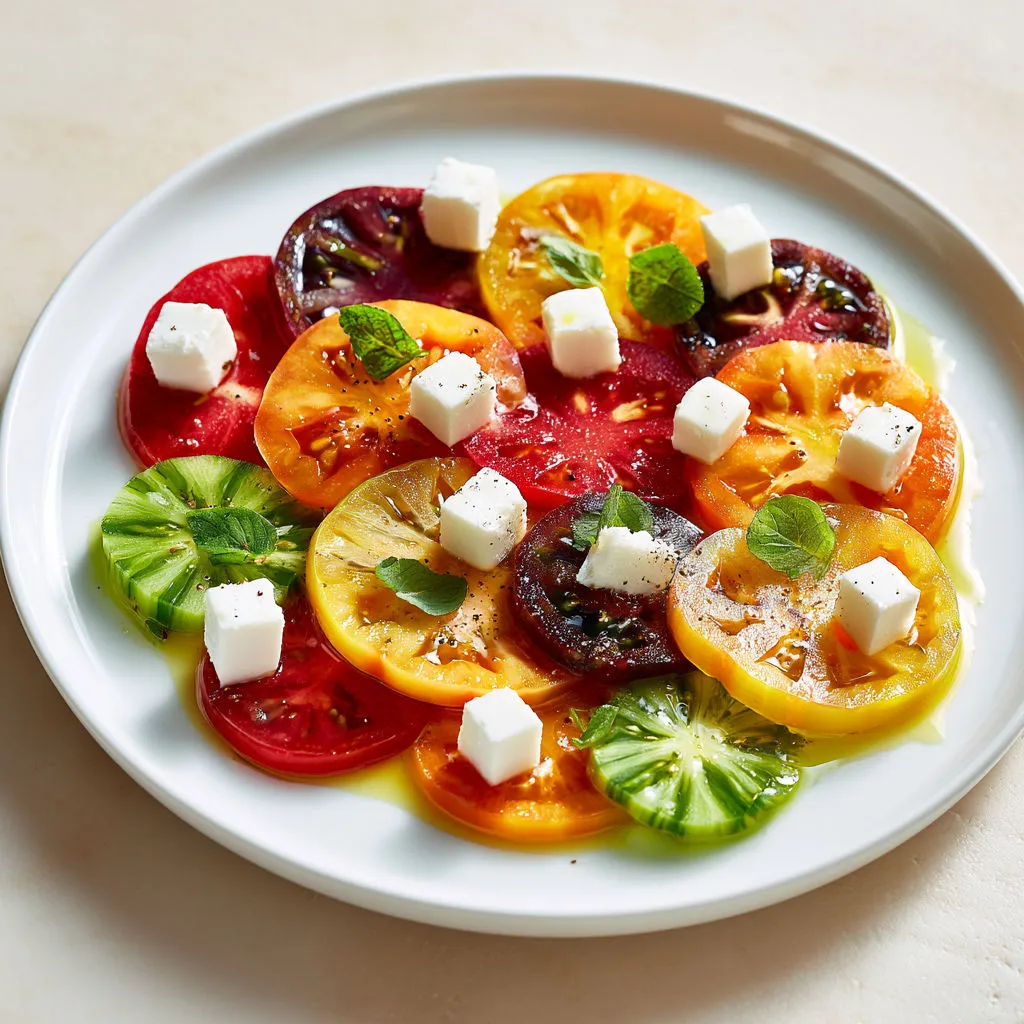 Tomates anciennes, chèvre fondant et marjolaine fraîche.