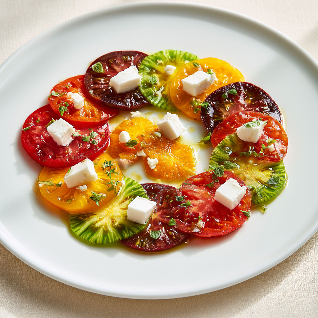 Tomates anciennes multicolores, chèvre doux et herbes fraîches.