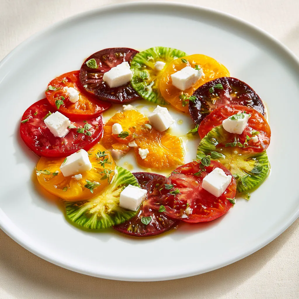 Tomates anciennes multicolores, chèvre doux et herbes fraîches.