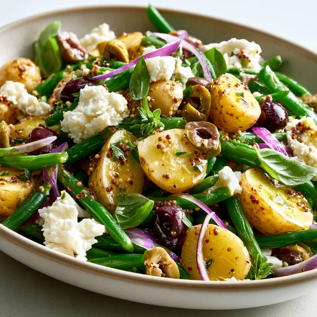 Salade de pommes de terre, haricots verts et olives présentée fraîche.