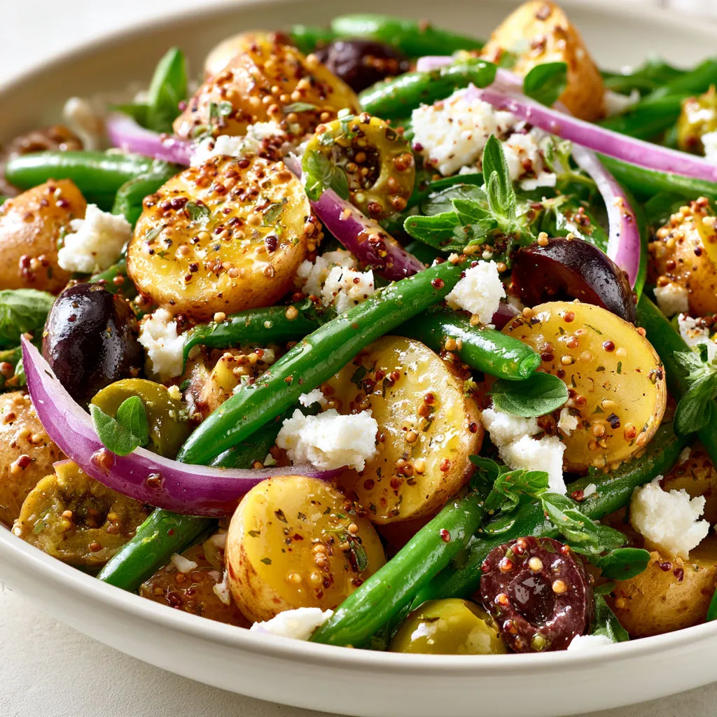 Grande salade colorée avec pommes de terre, haricots verts, olives et herbes fraîches.