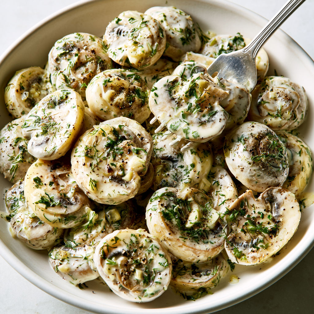 Un bol contenant une salade de champignons interprétée par Paul Bocuse.