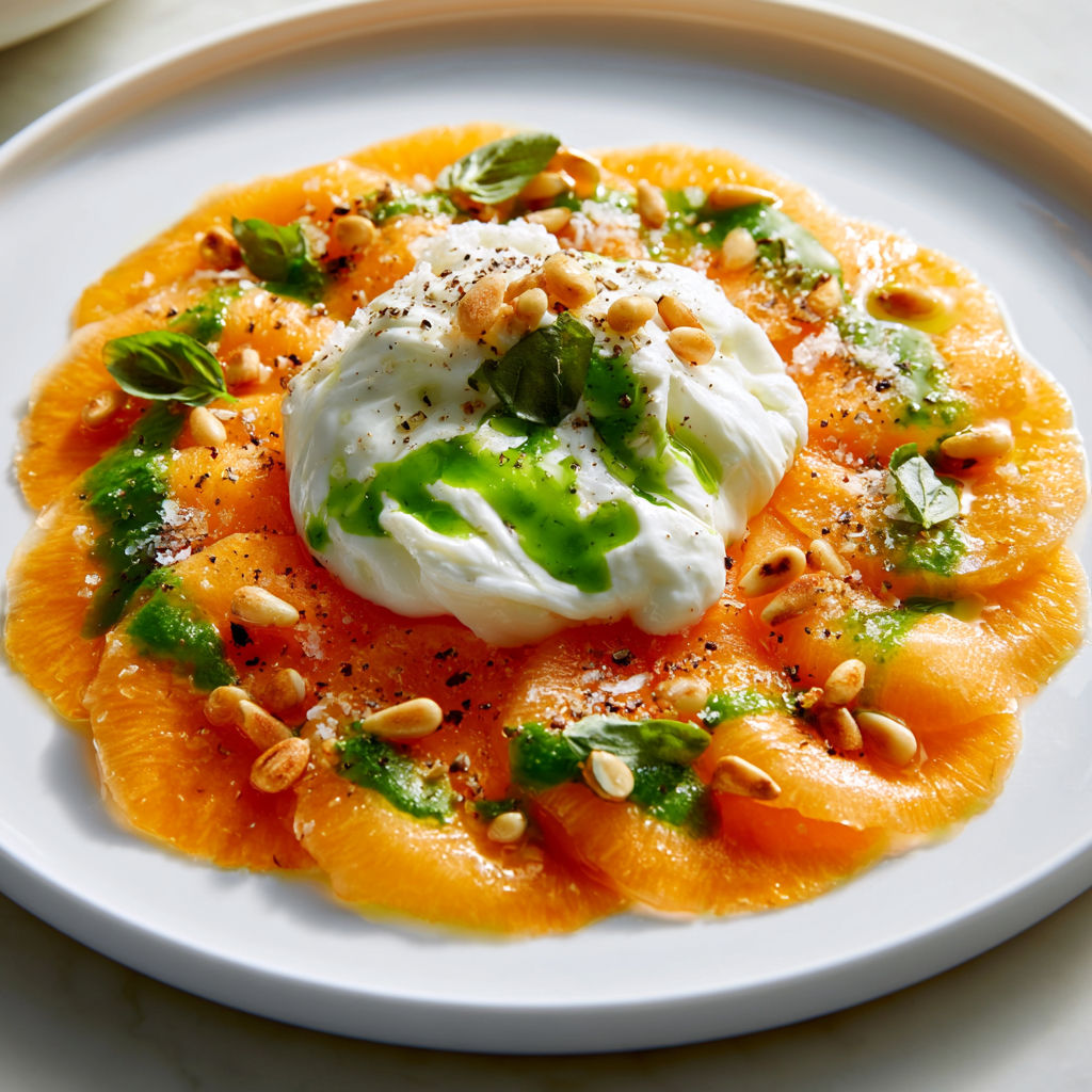 Carpaccio fondant de melon charentais, burrata crémeuse et huile basilic avec pignons grillés.