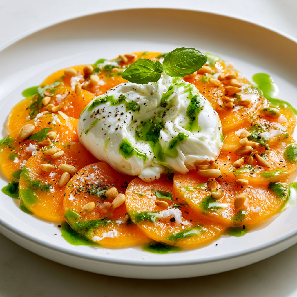 Melon charentais tranché, burrata qui coule, basilic frais, pignons dorés, un bonheur frais.