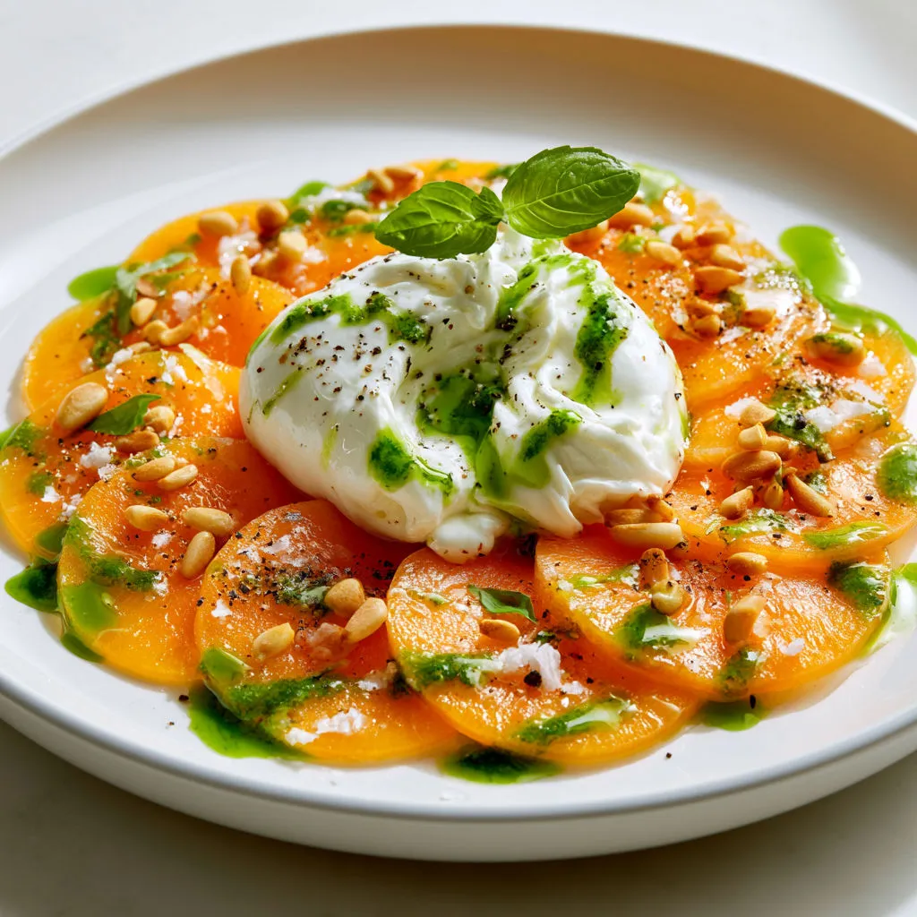 Melon charentais tranché, burrata qui coule, basilic frais, pignons dorés, un bonheur frais.