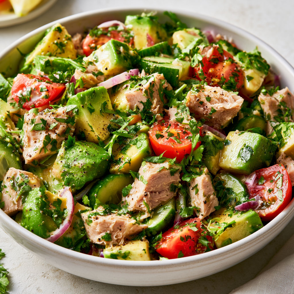 Salade fraîche avocat thon concombre citron.