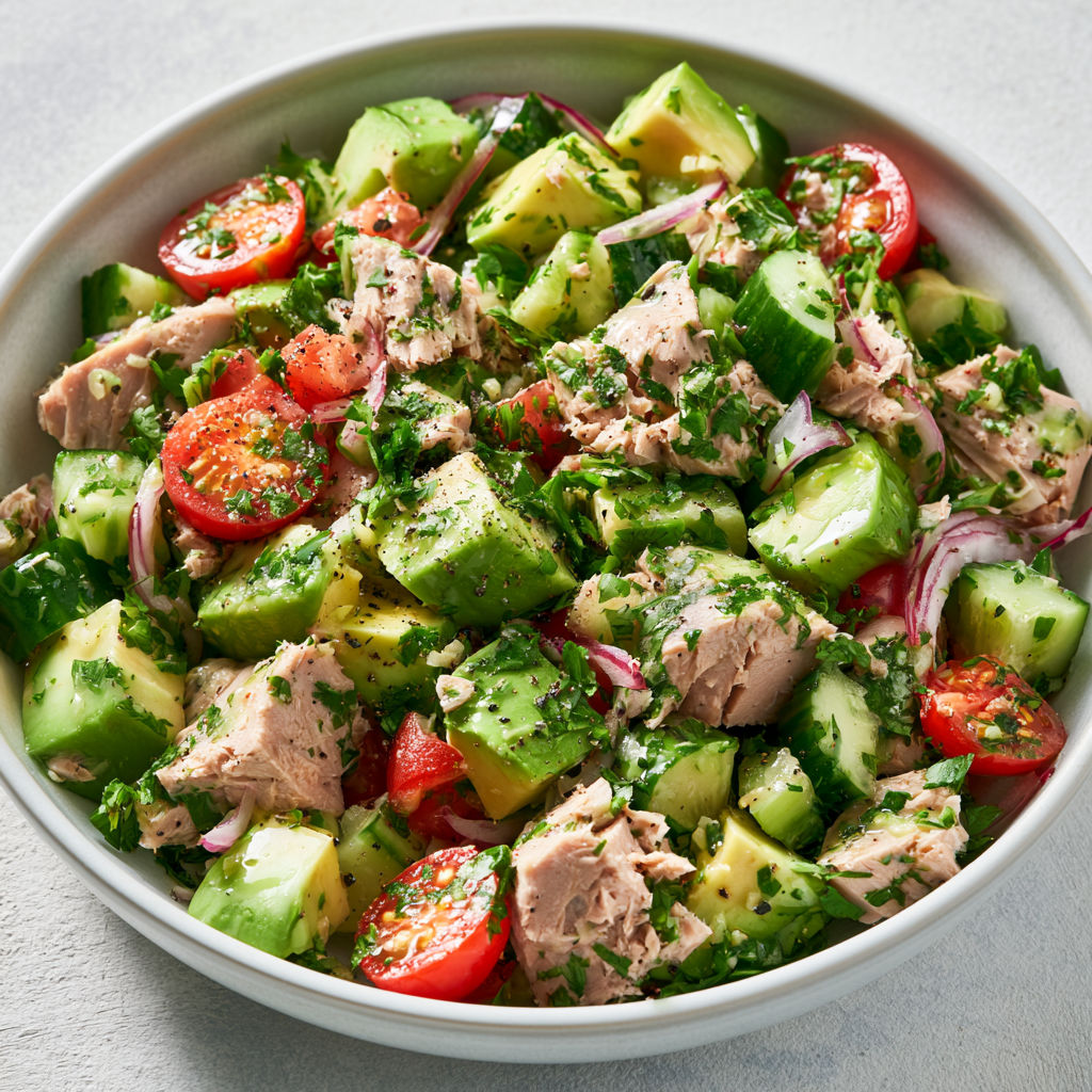 Salade complète thon avocat concombre citronnée.