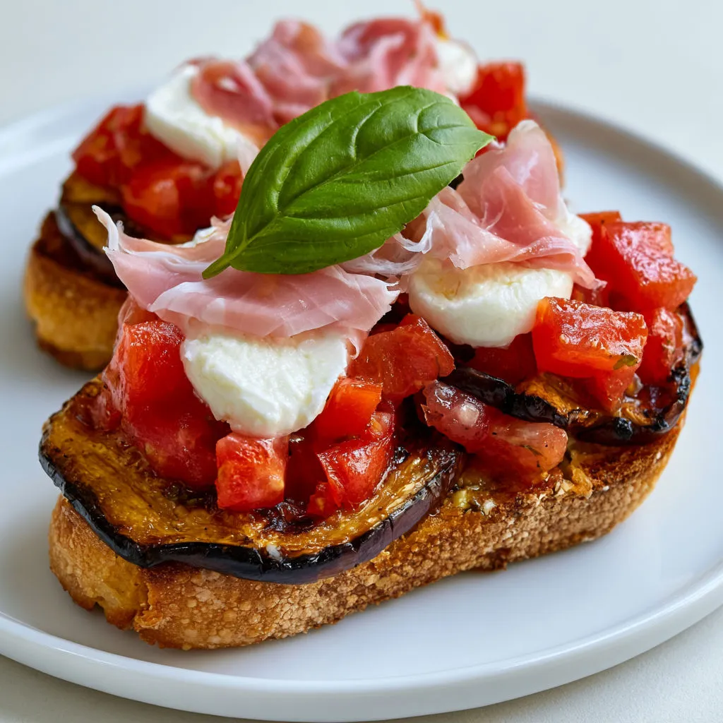 Tartine Méditerranéenne avec Tomates, Aubergines Grillées, Chèvre Fondant et Jambon Cru.