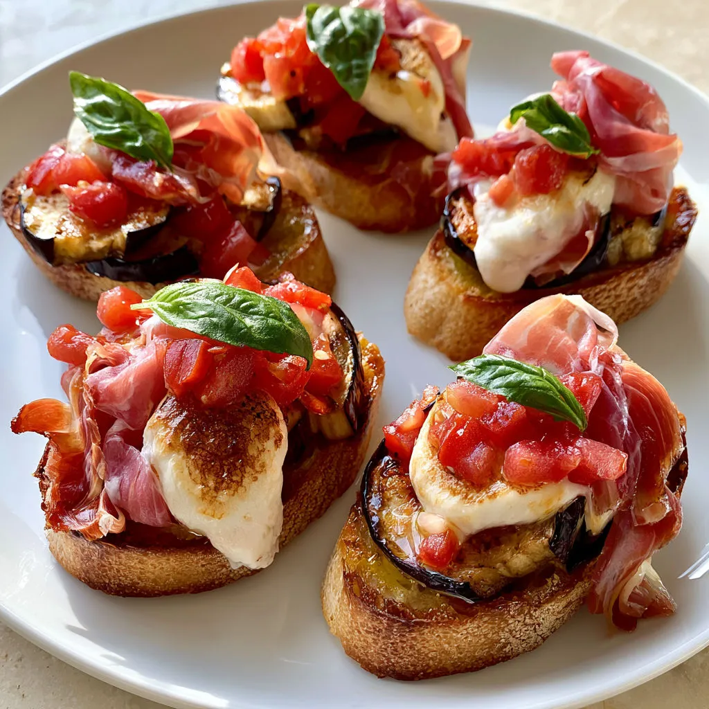 Tartines Croquantes à la Tomate, Aubergine Fondante, Chèvre et Jambon Cru.
