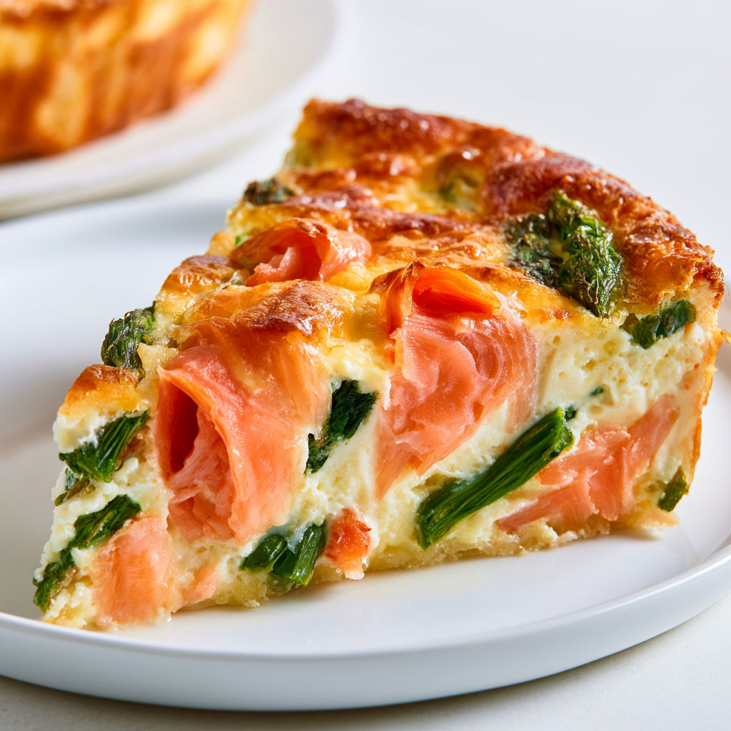 Un morceau de quiche sans pâte avec saumon fumé et asperges.