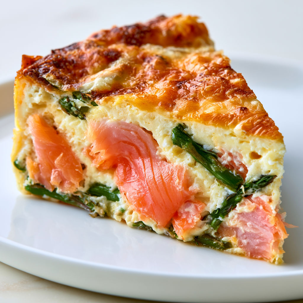 Flan sans pâte super moelleux au saumon fumé, asperges vertes et fromage filant.