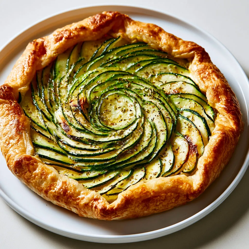 Tarte rustique aux courgettes marinées, moutarde forte et herbes de Provence.