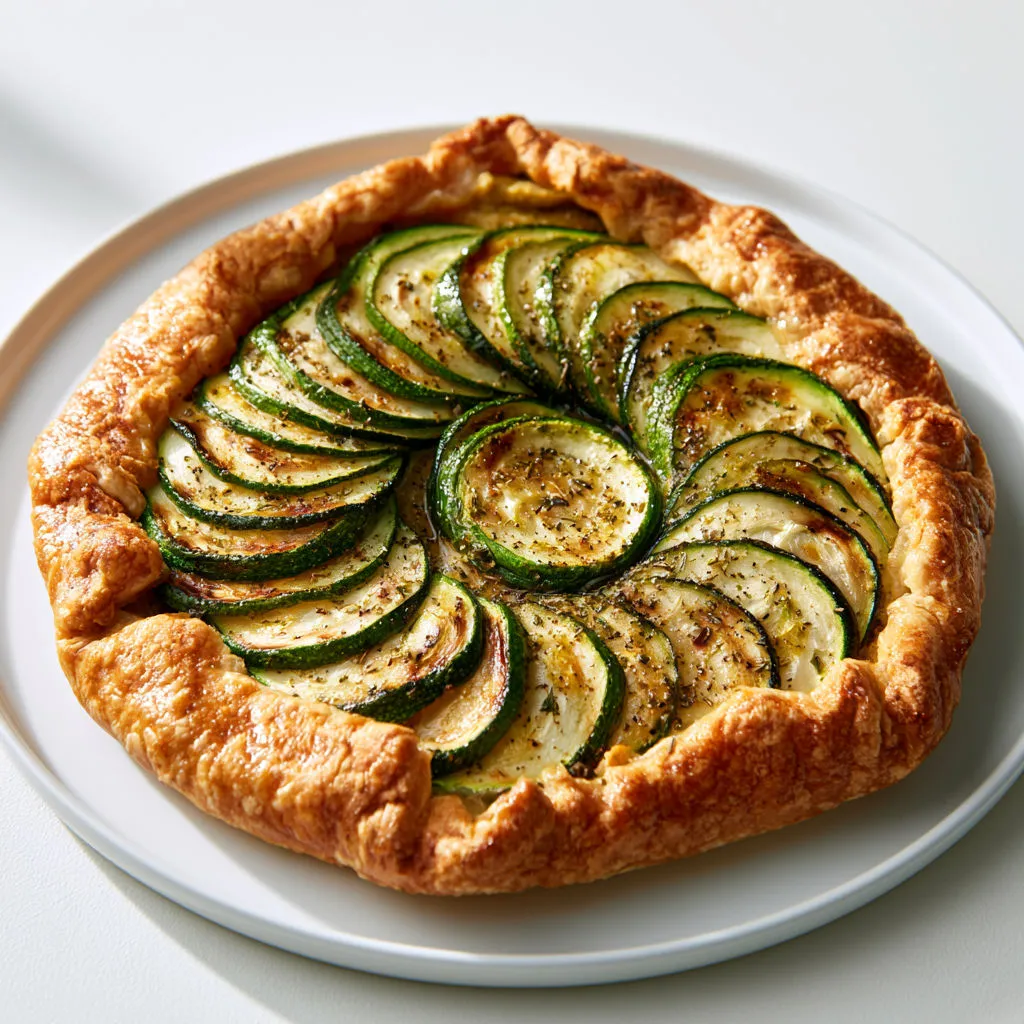 Tarte paysanne aux courgettes fondantes marinées, huile d’olive et herbes de Provence.