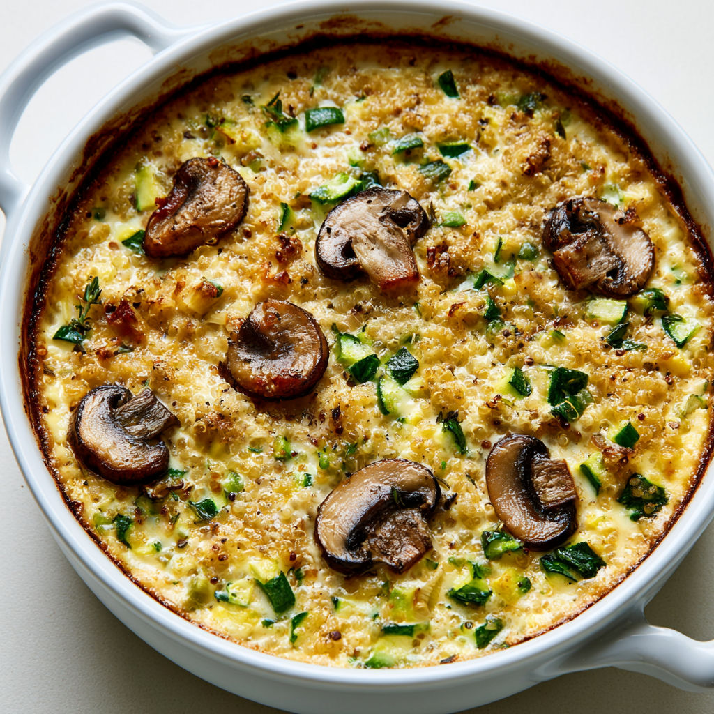 Courgettes fondantes et quinoa gratinés, agrémentés de champignons et d'herbes.