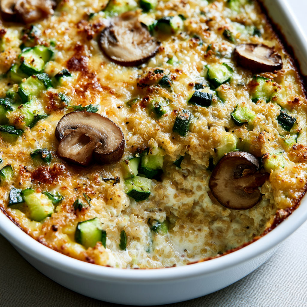 Plat gourmand courgettes fondantes, quinoa et champignons crémeux tout juste sorti du four.