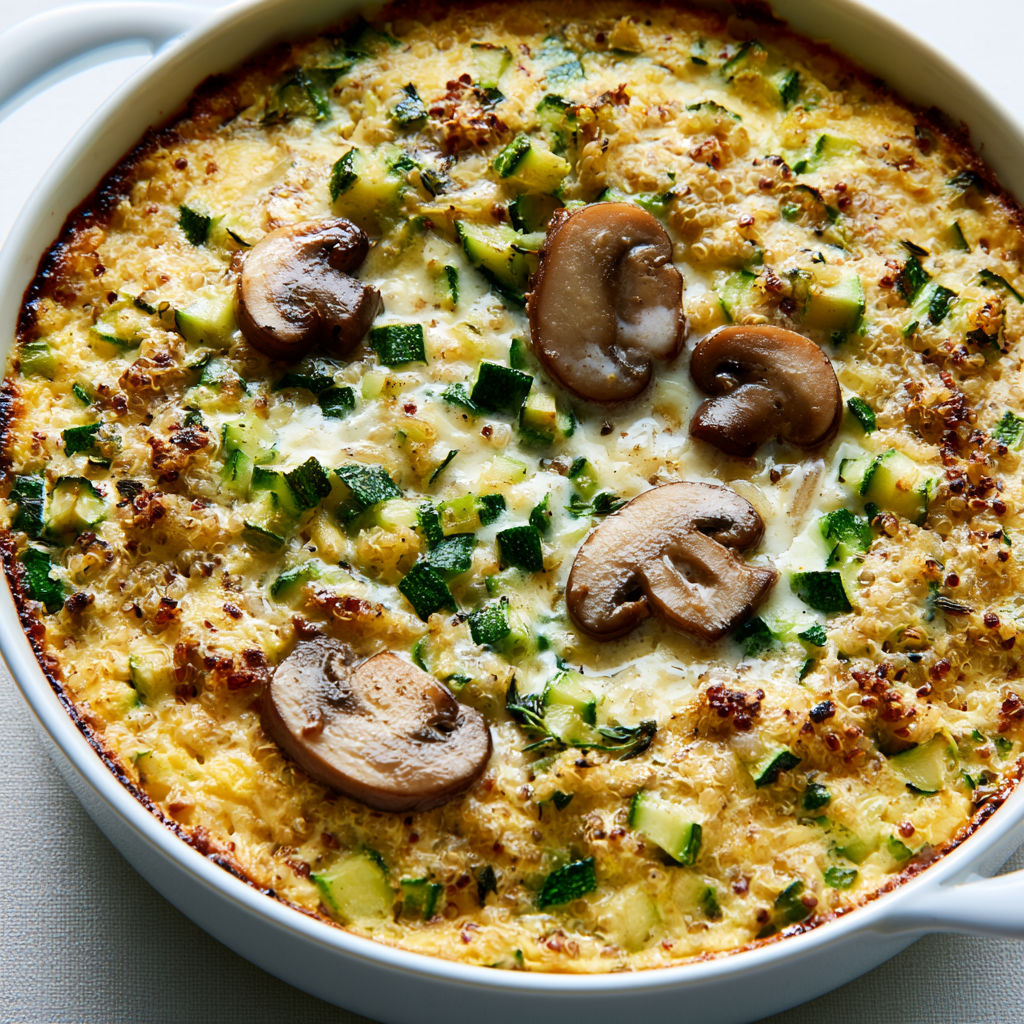 Gratin tout moelleux au quinoa et courgettes, parsemé de champignons dorés.