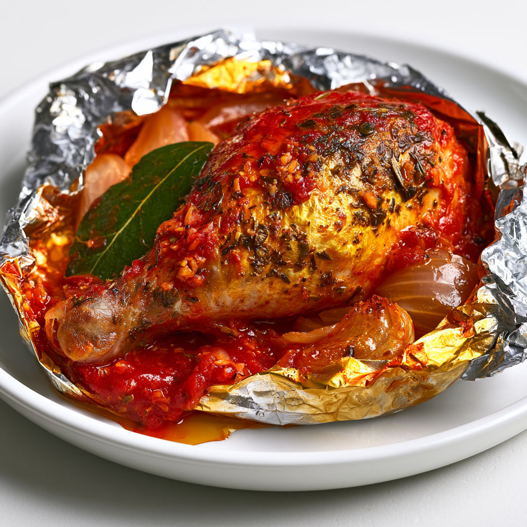 Cuisse de poulet savoureuse en papillote.