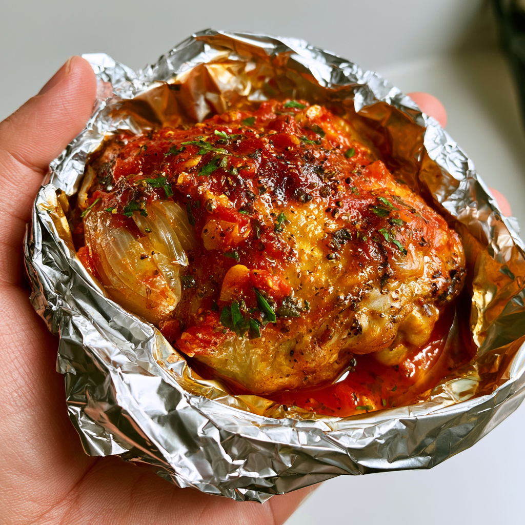 Poulet juteux en papillote avec tomate, ail, oignon et herbes de Provence.