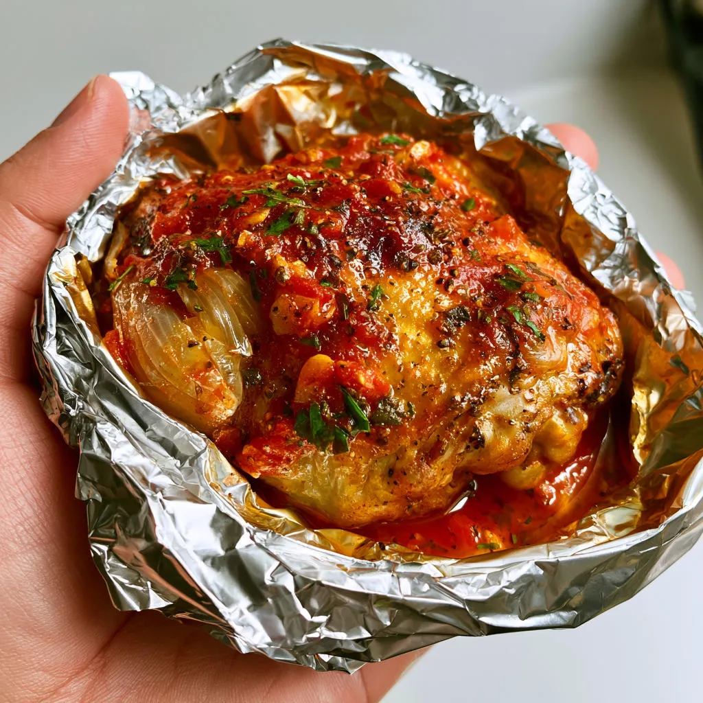 Poulet juteux en papillote avec tomate, ail, oignon et herbes de Provence.