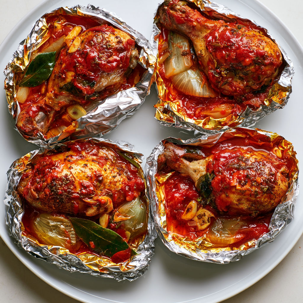 Poulet ultra tendre en papillote, sauce tomate, laurier et herbes du Sud.