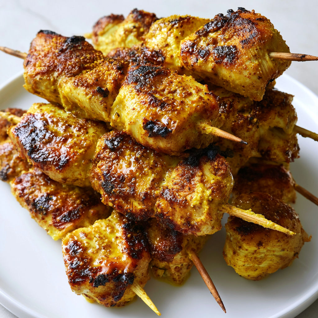 Morceaux de poulet marinés et dorés sur un plateau.