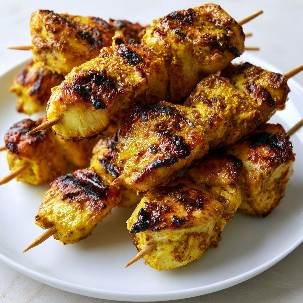 Brochettes de poulet au miel curry et cumin dorées à la poêle