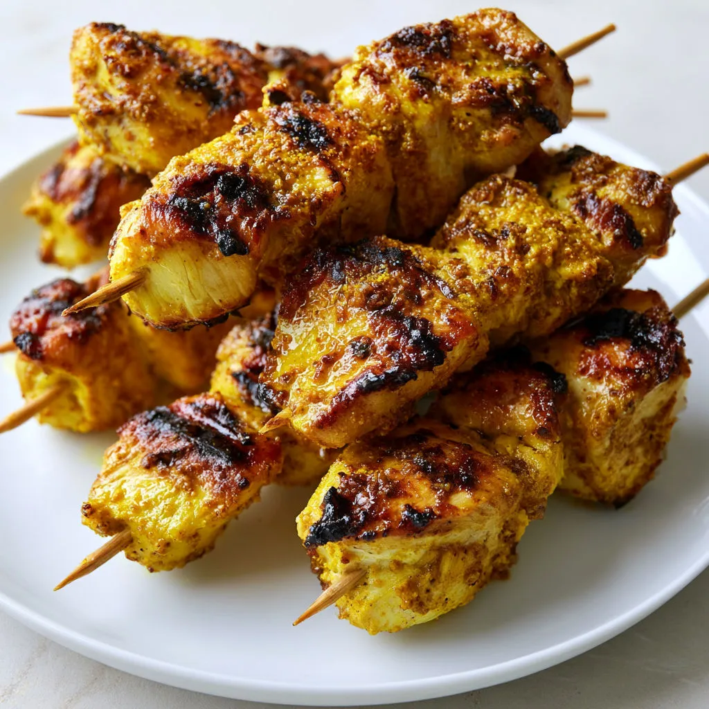 Brochettes de poulet au miel curry et cumin dorées à la poêle