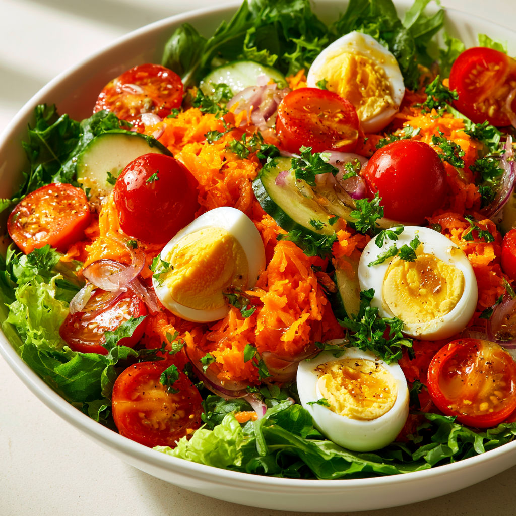 Carottes râpées avec œufs durs, tomates cerises et tranches de concombre.