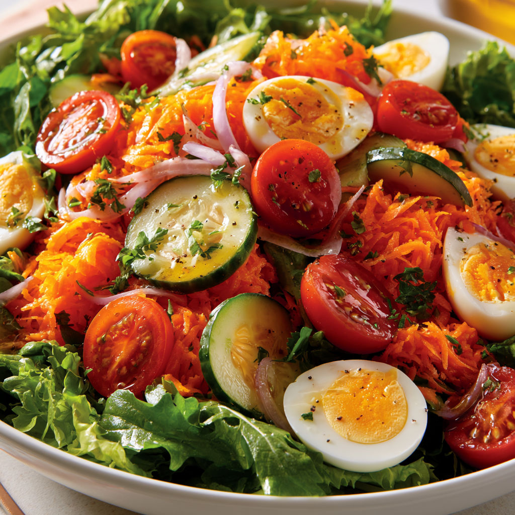 Salade Campagnarde, Carottes, Œufs Durs et Sauce Moutarde Grainée.