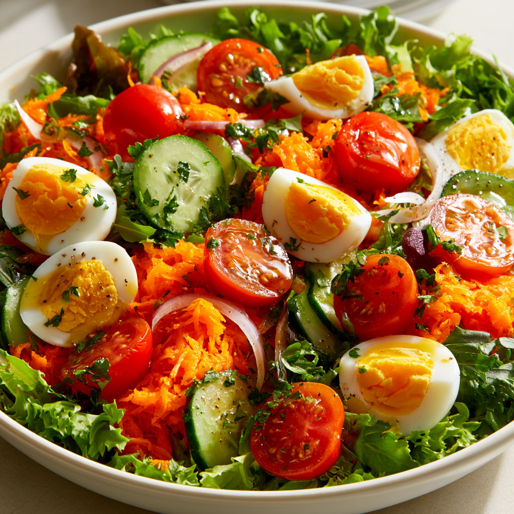 Salade Fraîche Carottes Râpées, Œufs Durs, Concombre et Tomates Cerises.