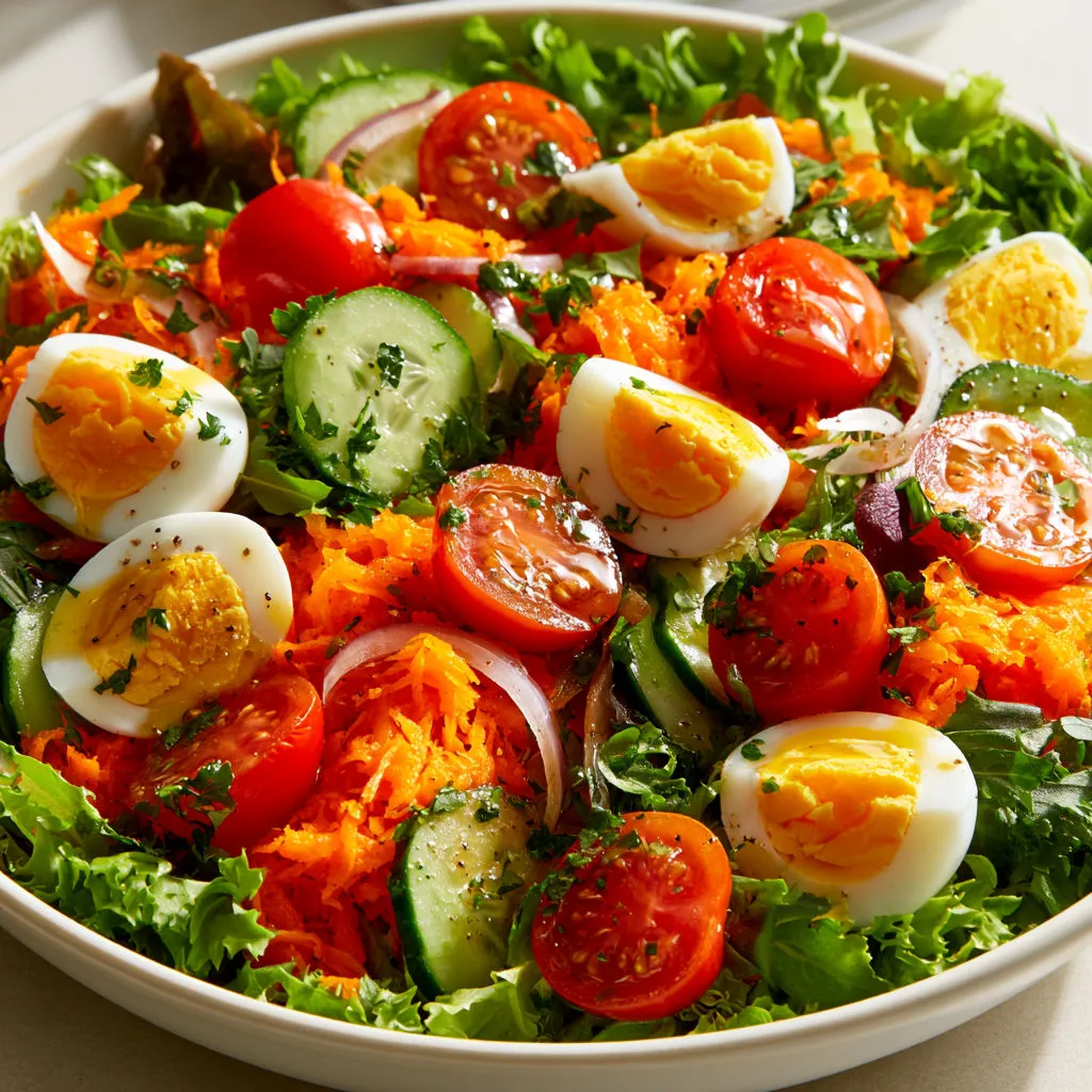 Salade Fraîche Carottes Râpées, Œufs Durs, Concombre et Tomates Cerises.