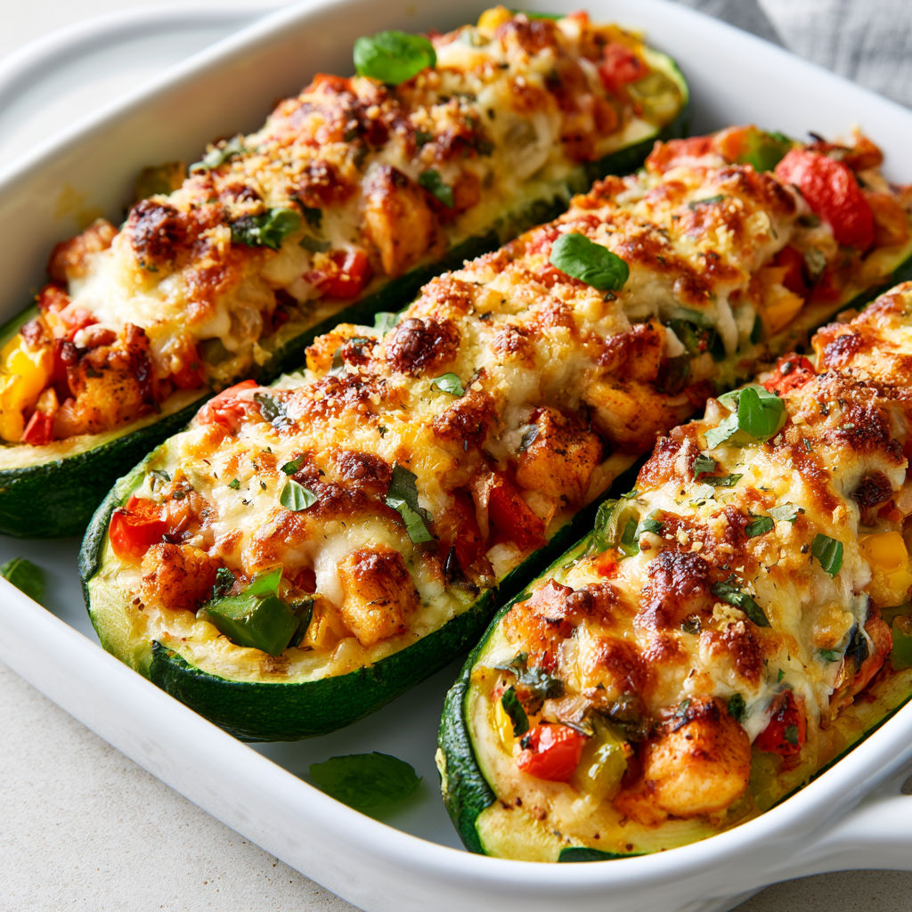 Courgettes Farcies Poulet, Poivrons Moelleux et Fromage Doré