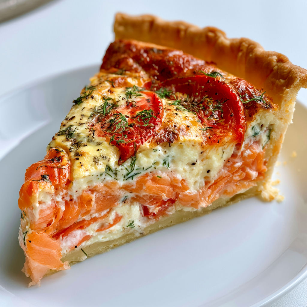 Délicieuse tarte au saumon fumé, tomates rôties et crème à l’aneth.