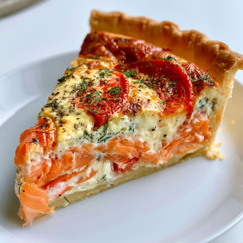 Délicieuse tarte au saumon fumé, tomates rôties et crème à l’aneth.
