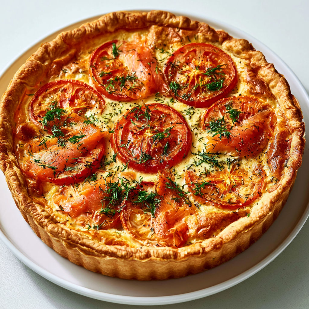 Gourmande tarte saumon fumé, tomates et mélange crémeux à l’aneth.