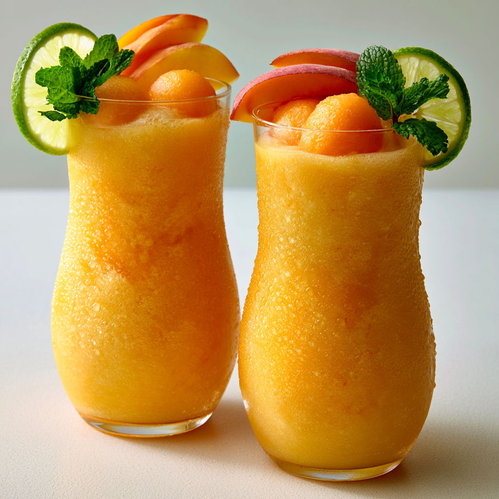 Deux verres remplis de boisson melon pêche menthe sur un plateau.