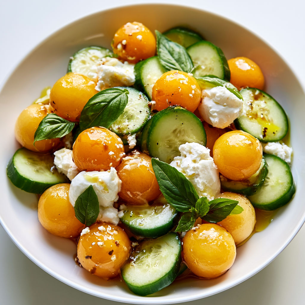 Salade fraîche au melon, concombre et chèvre.