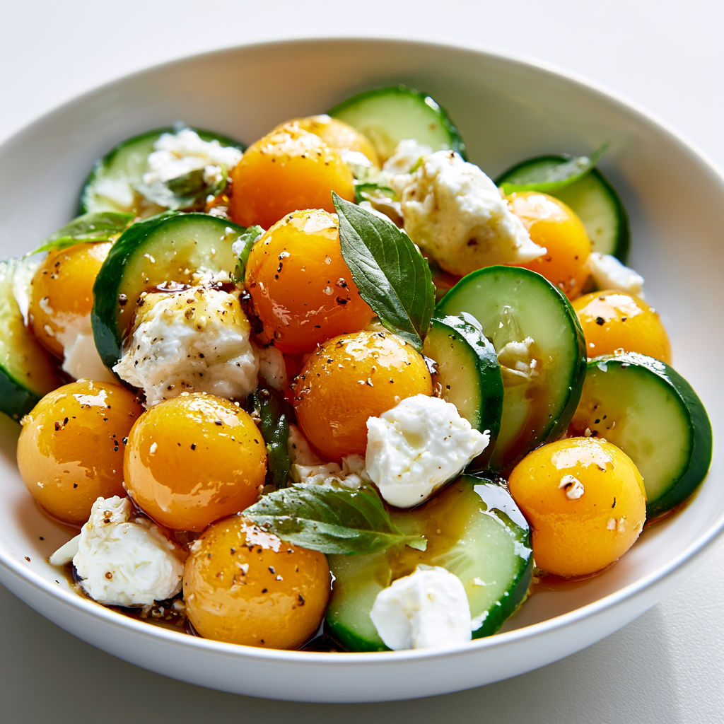 Assiette Fraîche avec Melon Concombre et Chèvre, Sauce Miel.