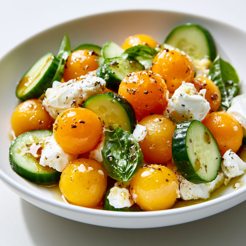 Salade Fraîche d’Été au Melon, Concombre et Crottin de Chavignol.