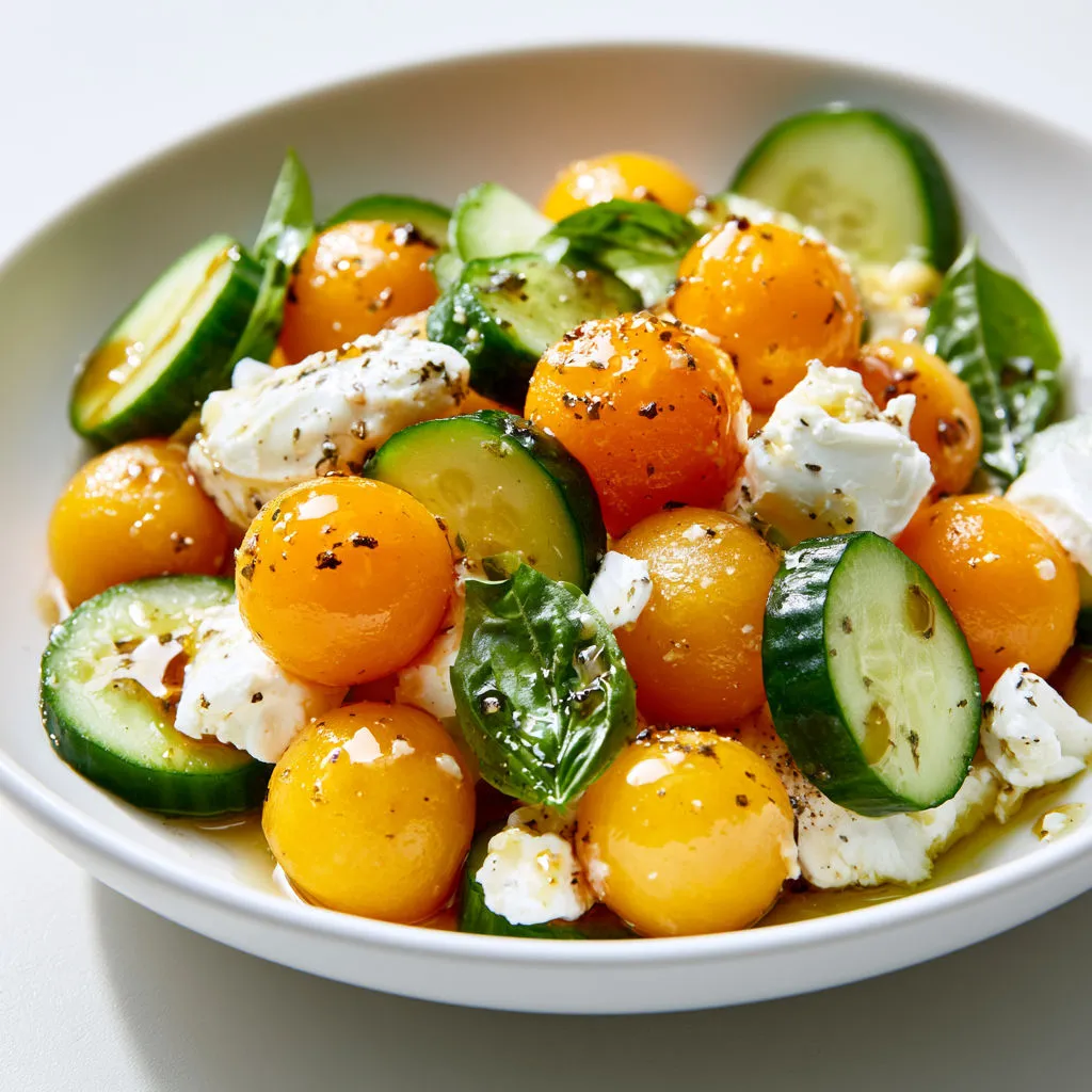 Salade Fraîche d’Été au Melon, Concombre et Crottin de Chavignol.