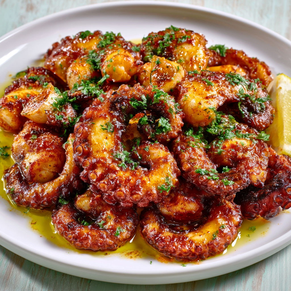 Poulpe mariné à l’ail et aux épices, doré à la poêle avec un zeste de citron.