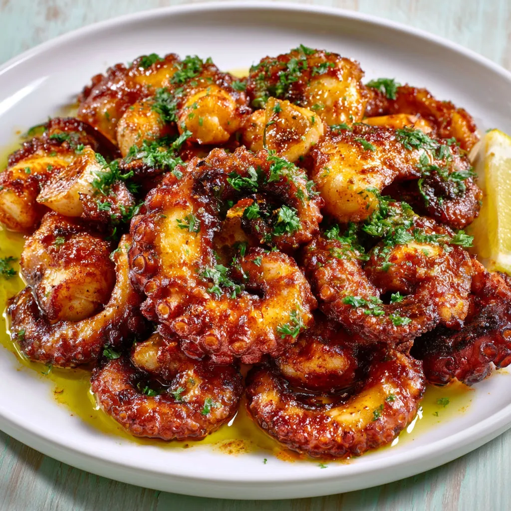 Poulpe mariné à l’ail et aux épices, doré à la poêle avec un zeste de citron.