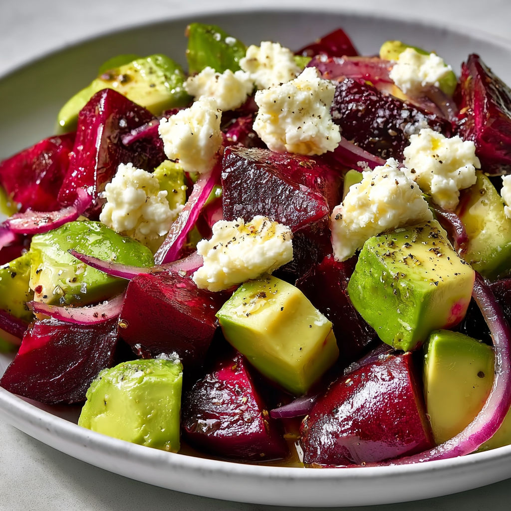 Une fraîche salade combinant betterave, avocat et feta accompagnés de légumes croquants.