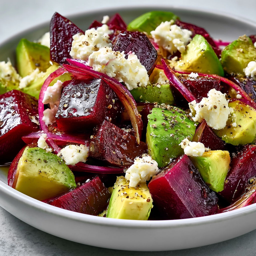 Assiette colorée betteraves, avocat, feta et huile de noix.