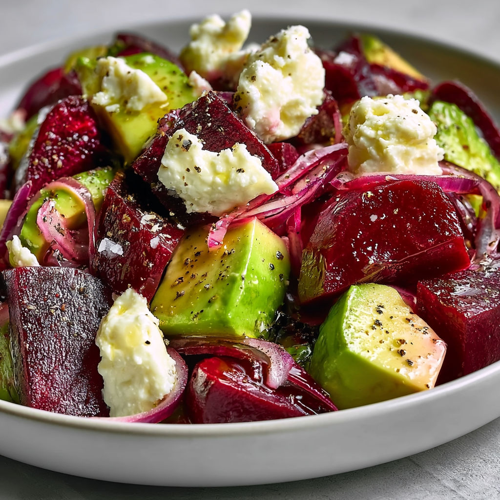 Assiette toute fraîche avec betteraves, avocat, feta et vinaigrette à la noix.