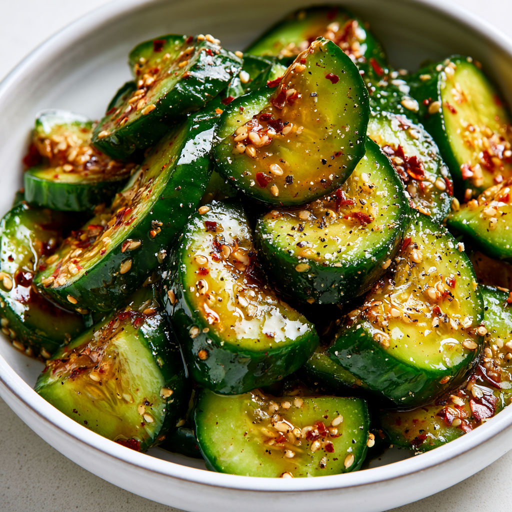 Bol rempli de salade de concombre garnie de sésame.