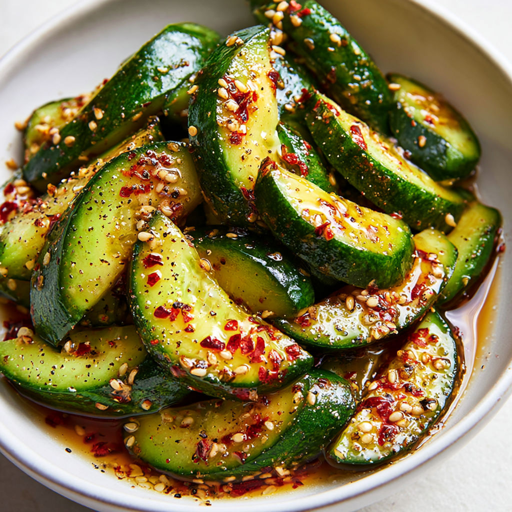 Concombres frais au sésame grillé, sauce légère au miel et huile de sésame.