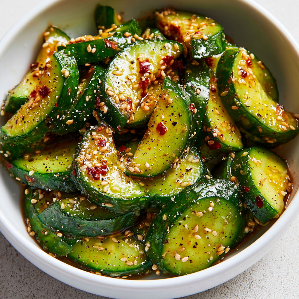 Concombres croquants au sésame, touche de vinaigre de riz et piment doux.