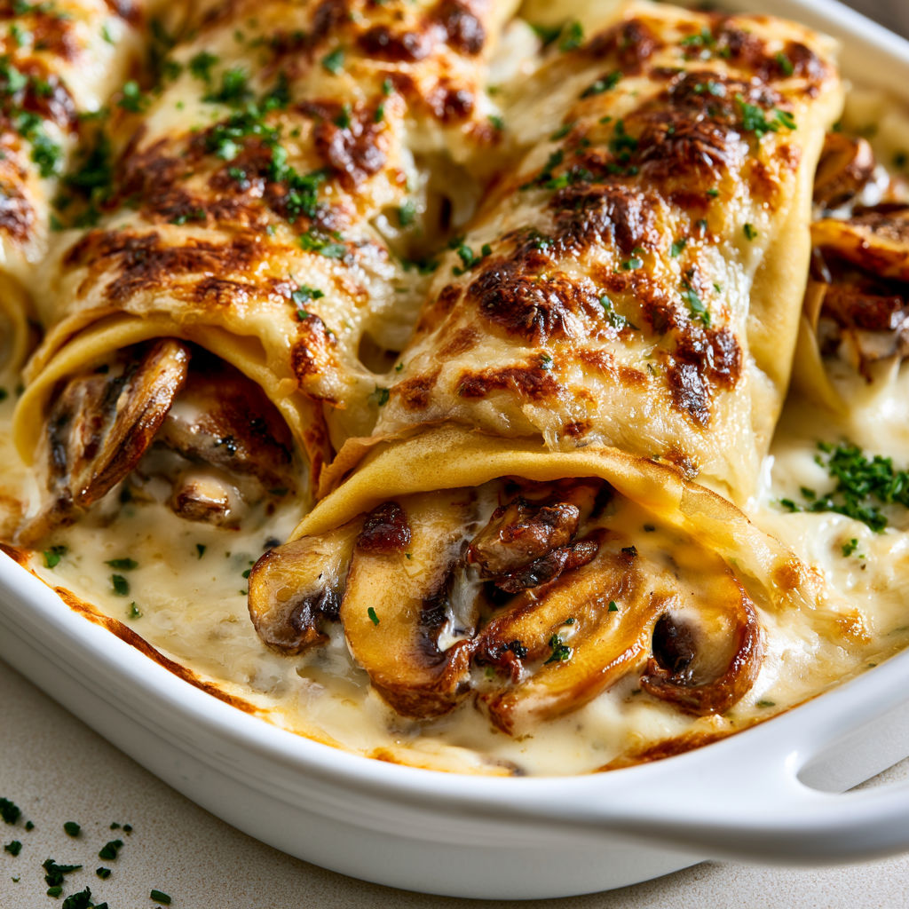 Plat gourmand de crêpes farcies aux champignons nappées de béchamel gratinée.