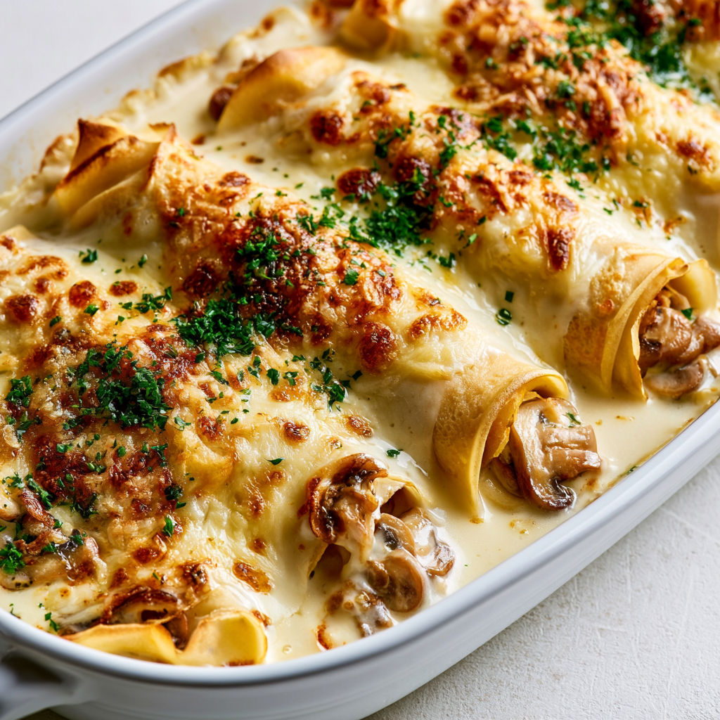 Crêpes Salées aux Champignons, sauce crémeuse et emmental.